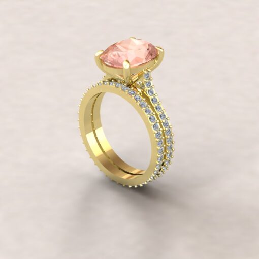 Golden Halo Peachy Morganite Diamond Ring Eternity Yellow Gold LS6568