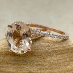 Pink Oval Morganite Diamond Bridal Golden Halo Ring Rose Gold LS6568