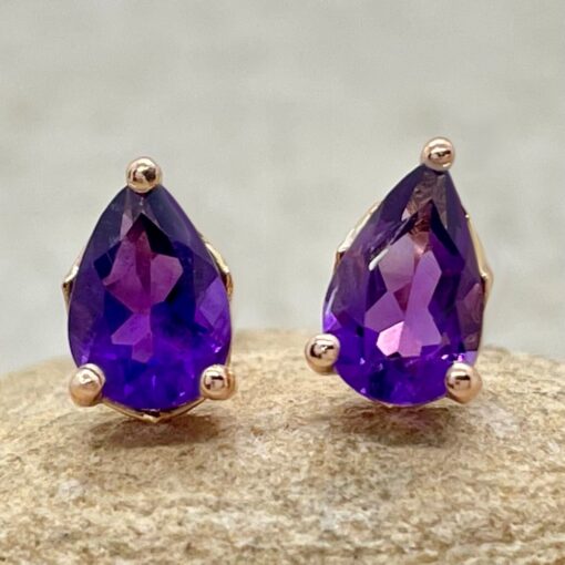 AAA Pear Cut Purple Amethyst Earrings Push Back Studs Rose Gold LS6653