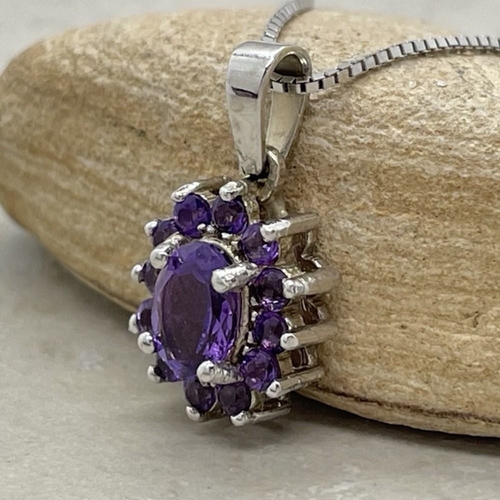 Amethyst Pendant February Birthstone with Halo 18k White Gold LS6658