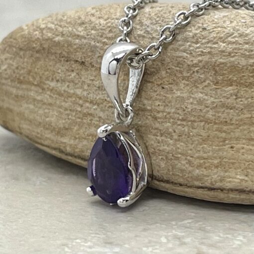 Dainty Solitaire Amethyst Pendant Pear Cut in 18k White Gold LS6654