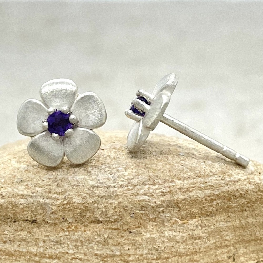 Flower Birthstone Earrings Amethyst Round in 14k White Gold LS4572