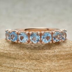 Genuine Round Cut Aquamarine Seven Stone Wedding Ring Rose Gold LS6670