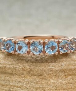 Genuine Round Cut Aquamarine Seven Stone Wedding Ring Rose Gold LS6670