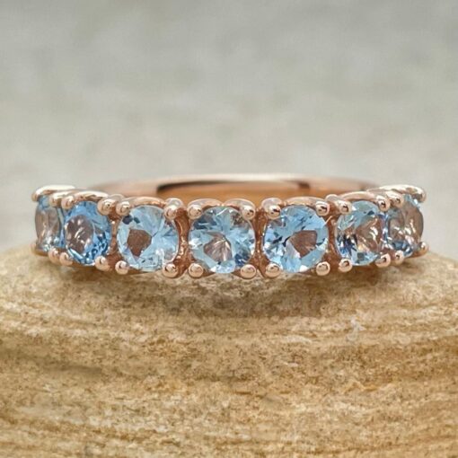 Genuine Round Cut Aquamarine Seven Stone Wedding Ring Rose Gold LS6670