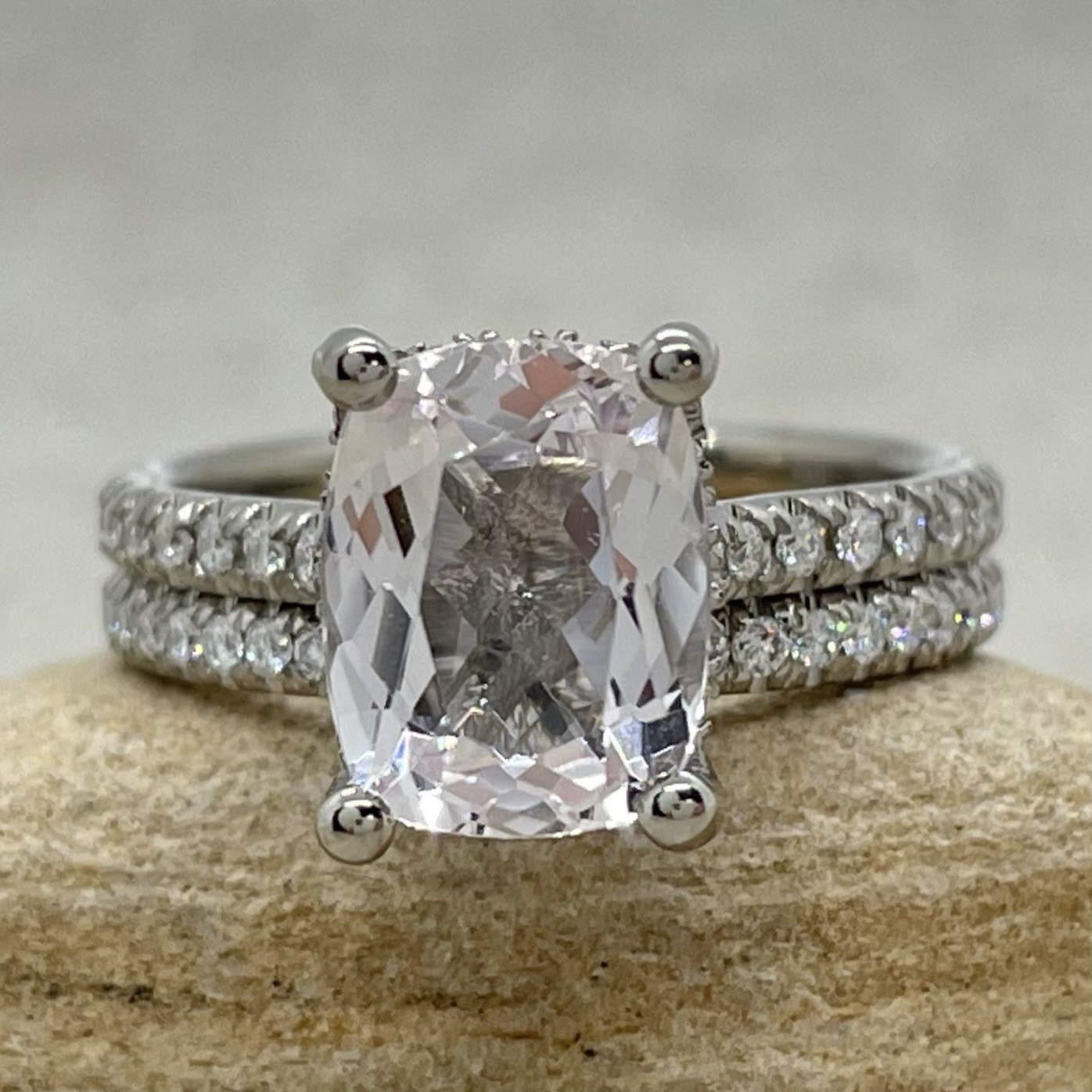 Custom rectangular cushion pink morganite Olivia Collection bridal set - Image 2