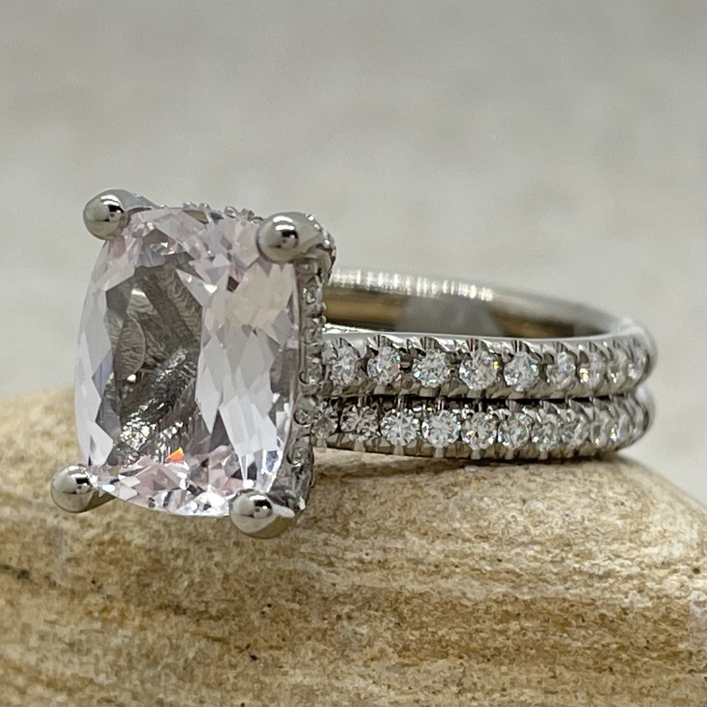Custom rectangular cushion pink morganite Olivia Collection bridal set - Image 3