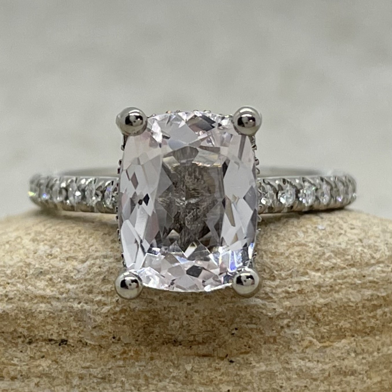 Custom rectangular cushion pink morganite Olivia Collection bridal set - Image 5