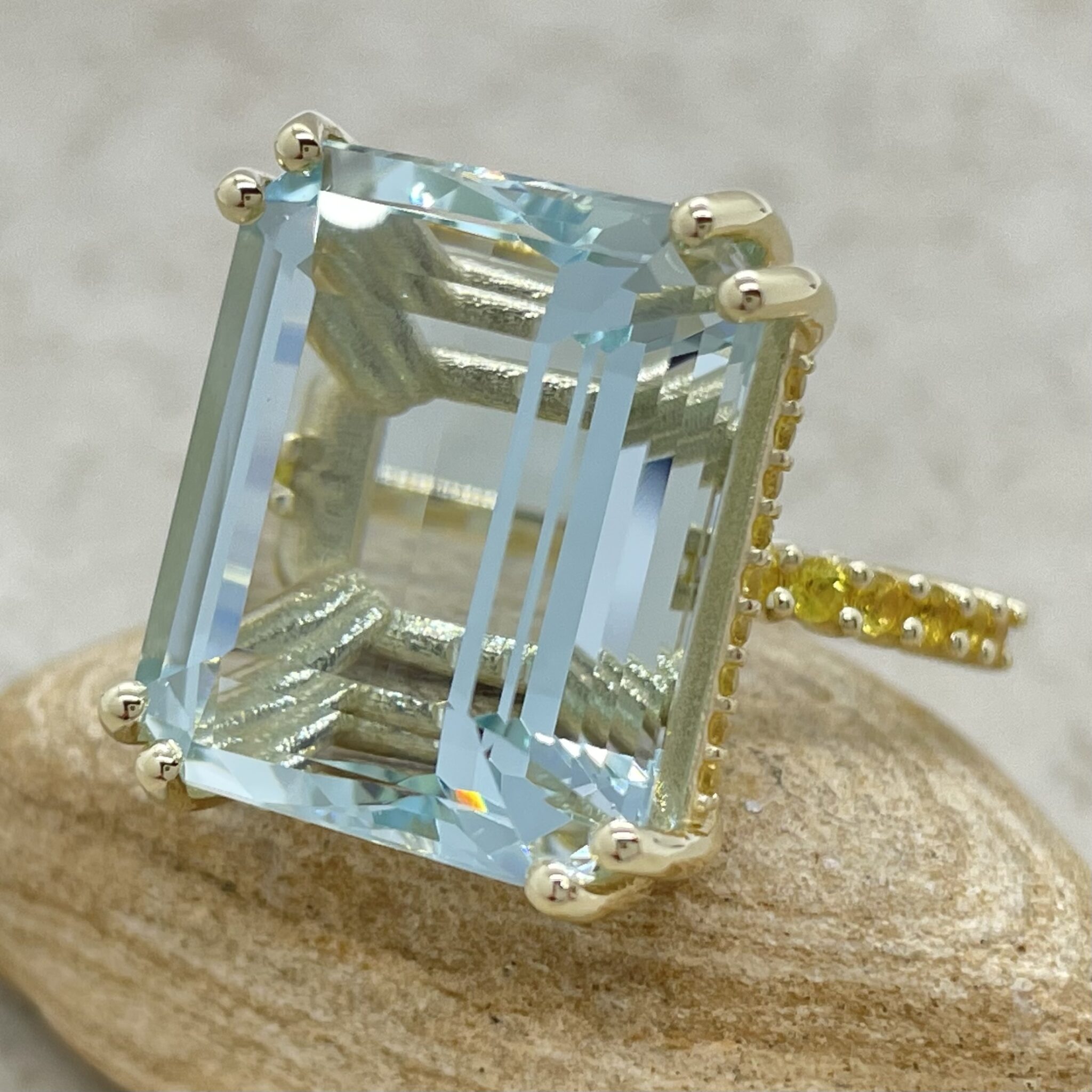 Custom Emerald Cut Aquamarine and Yellow Sapphire Ring - Image 3