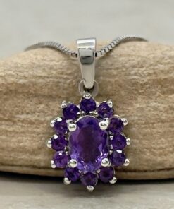 Oval Amethyst Birthstone Pendant with Genuine Amethyst Single Halo