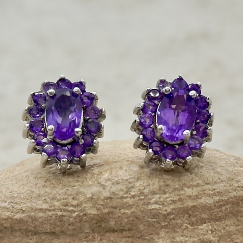 Oval Cut Flower Amethyst Gemstone Earrings White Gold Platinum LS6657