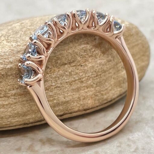 Round Aquamarine Seven Stone Petal Prong Wedding Band Rose Gold LS6670