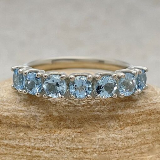 Round Aquamarine Seven Stone Wedding Band White Gold Platinum LS6670