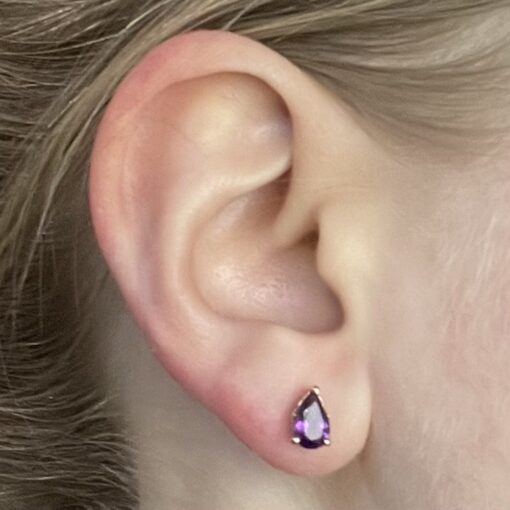 Tiny Amethyst Birthstone Earrings Model Shot in 14k Rose Gold LS6653