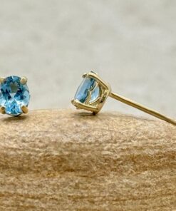 Tiny Oval Cut Aquamarine March Birthstone Earrings Yellow Gold LS6671