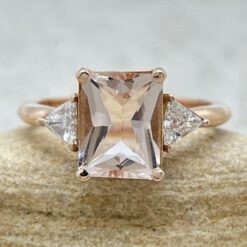 Dainty Morganite Ring with Trillion Diamonds 14k Rose Gold LS6215