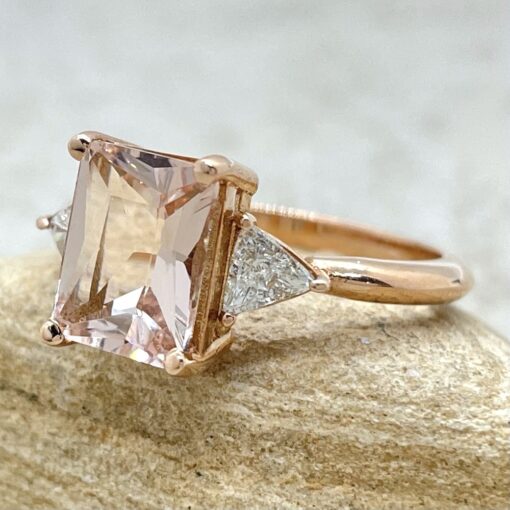 Radiant Morganite Three Stone Ring with Diamonds 14k Rose Gold LS6215