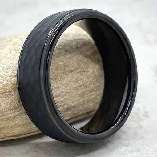 Black Hammered Tungsten Band, Comfort Fit Shiny Beveled Edge LS6729
