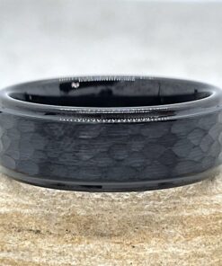 Black Hammered Tungsten Band, Comfort Shiny Beveled Edge Ring LS6729