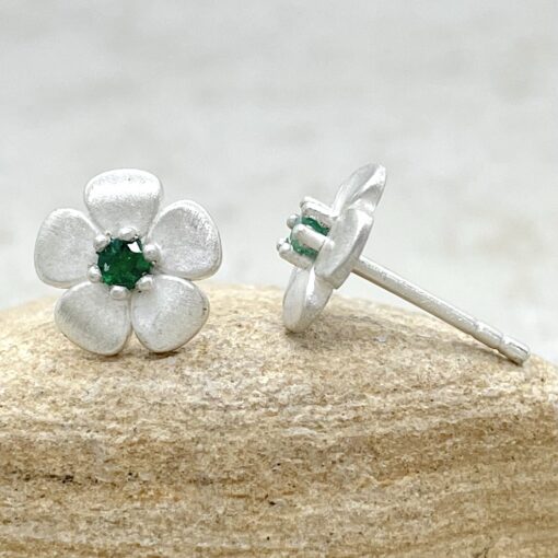 Emerald Flower Studs March Birthstone Gift in 14k White Gold LS4572