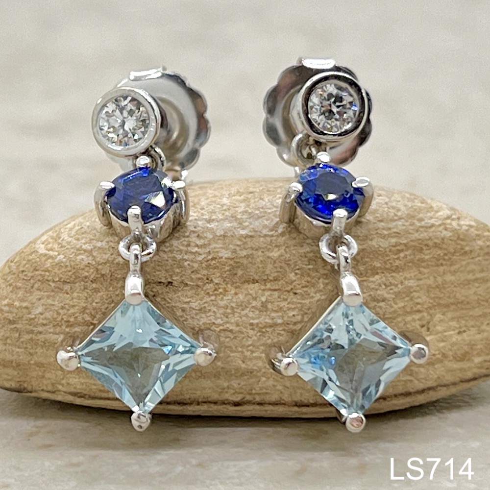 Laurie Sarah Custom Design Blue Sapphire and Aquamarine Dangle Earrings with Diamond - LS7146