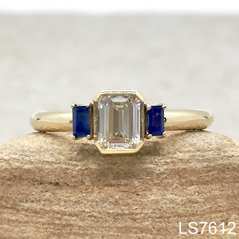 Laurie Sarah Custom Design Lab Diamond and Blue Sapphire Ring Emerald Cut in Yellow Gold LS7612