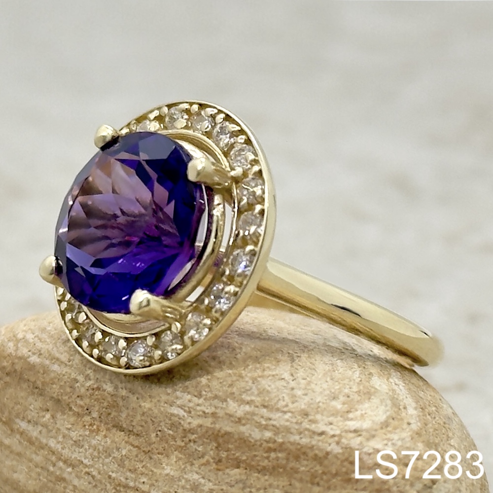 Laurie Sarah Custom Design Large Round Amethyst Ring with Diamond Halo - LS7283