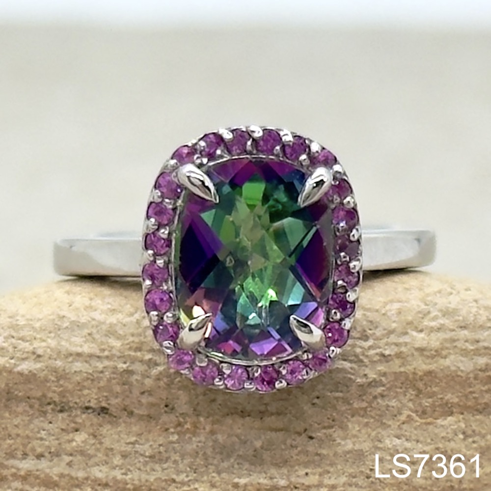 Laurie Sarah Custom Design Mystic Topaz Ring with Pink Sapphire Halo - LS7361