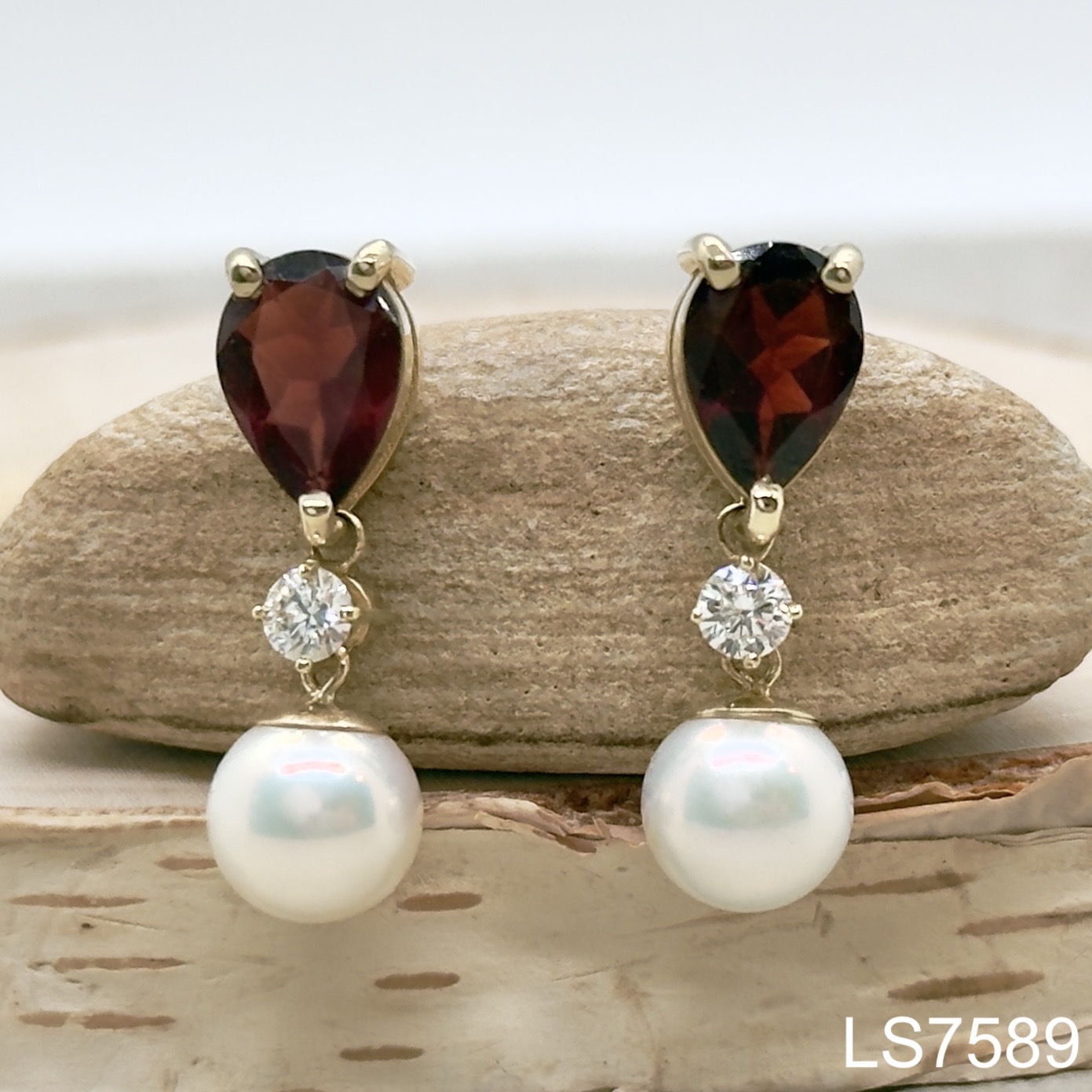Laurie Sarah Custom Design Pearl Drop Earrings with Red Garnets and White Diamonds - LS7589