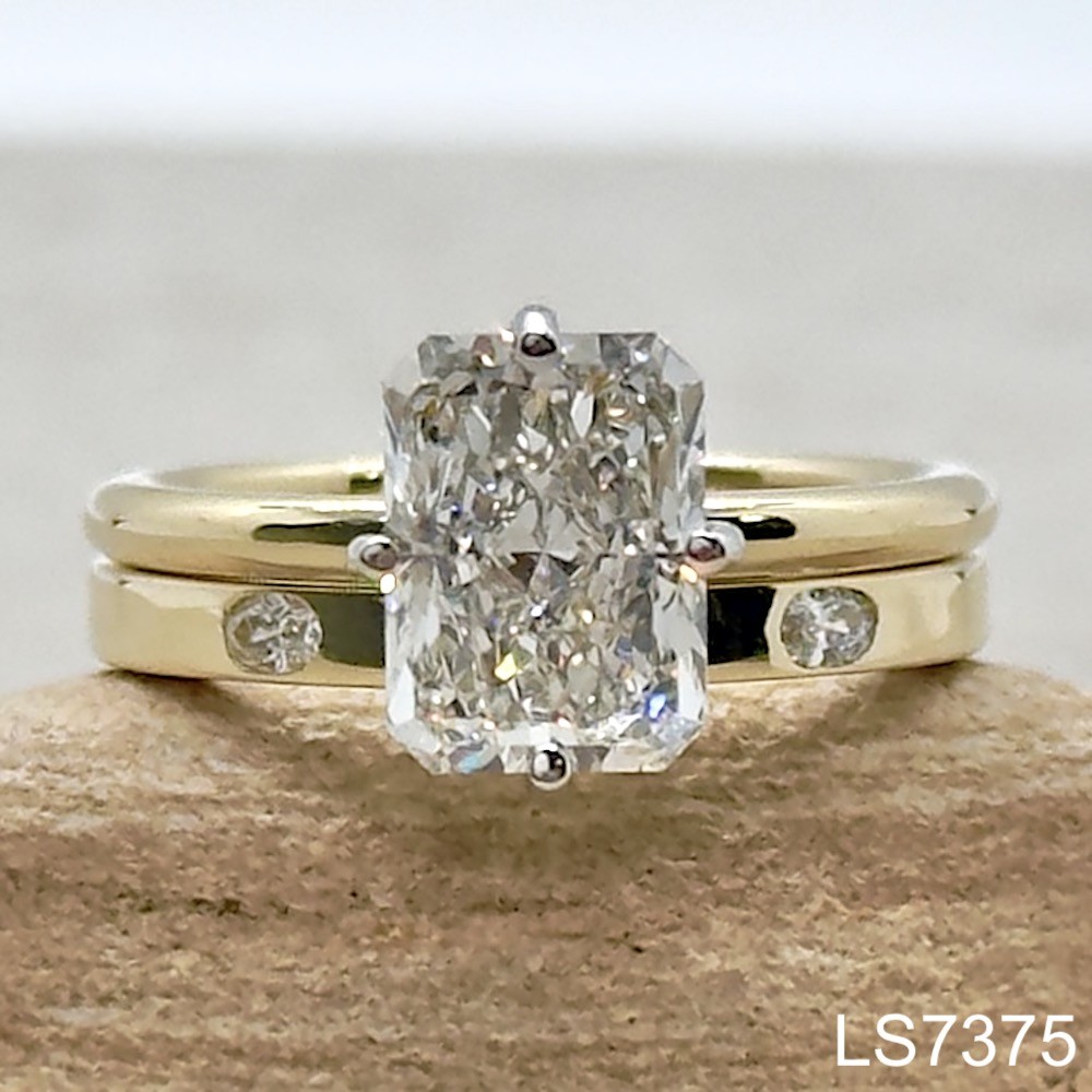 Laurie Sarah Custom Design Radiant Cut Diamond Ring with Wedding Band in Yellow Gold - LS7375