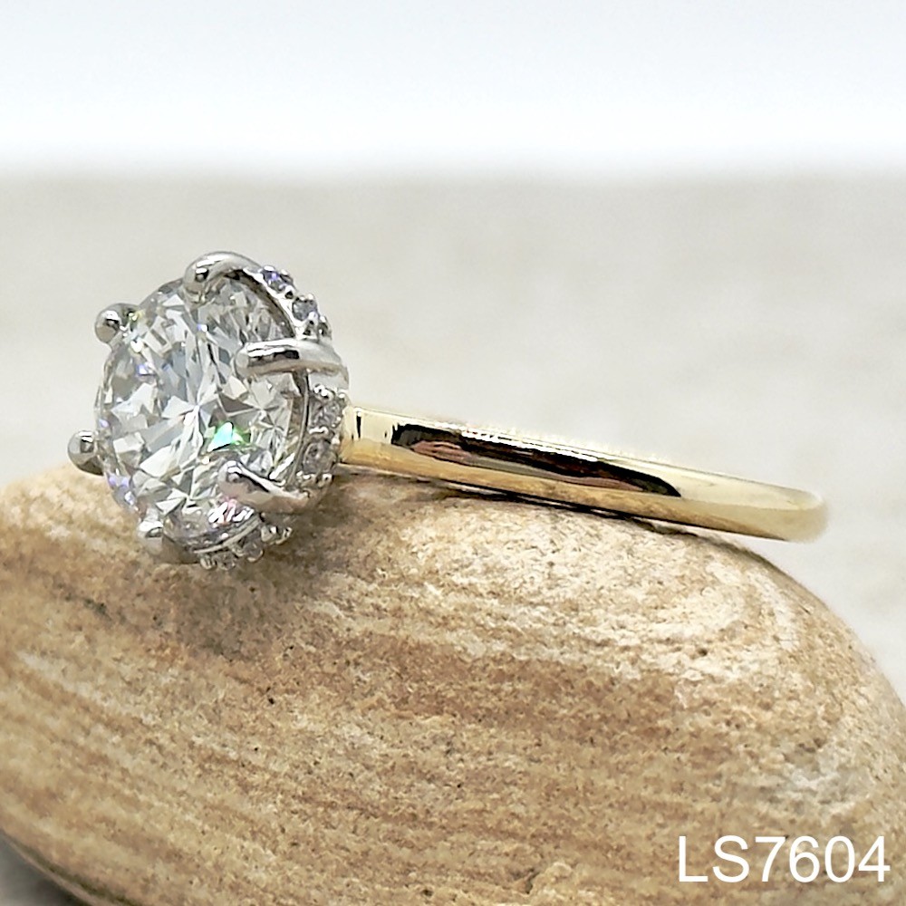 Laurie Sarah Custom Design Round Lab Diamond Ring with Side Halo and Two Tone Gold - LS7604
