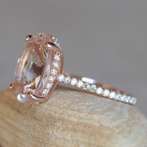 Oval Light Peach Morganite Ring Hidden Diamond Halo Rose Gold LS6204