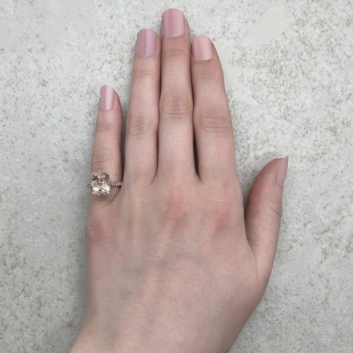 Rectangular Cushion Morganite Ring Hand Shot in 18k Rose Gold LS6648
