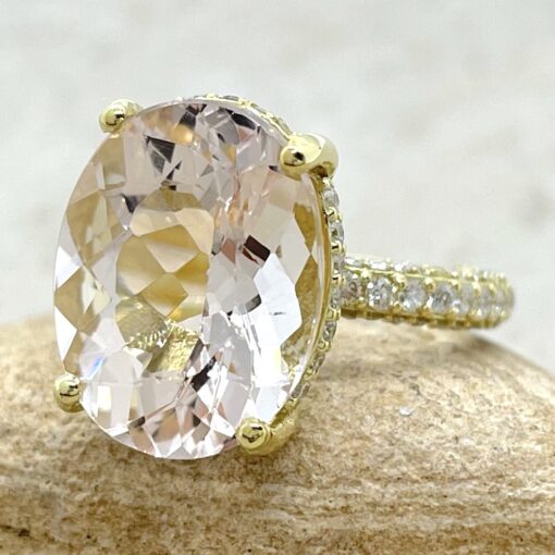 Light Peach Morganite Diamond Halos Engagement Ring Yellow Gold LS6427