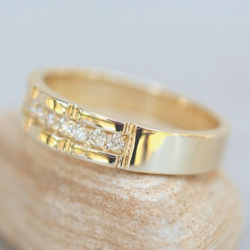Round Cut White Diamond Prong Channel Set Man Band Yellow Gold LS6261