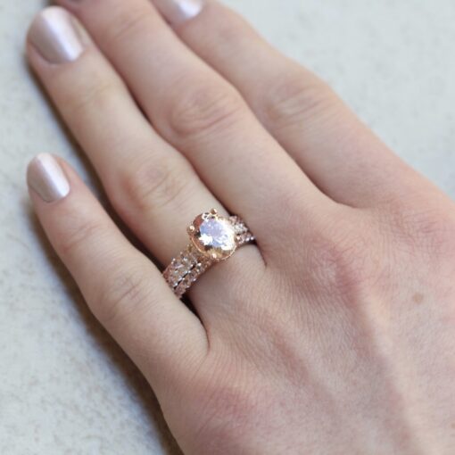 AAA Oval Cut Peachy Pink Morganite Diamond Bridal Set Rose Gold LS6412