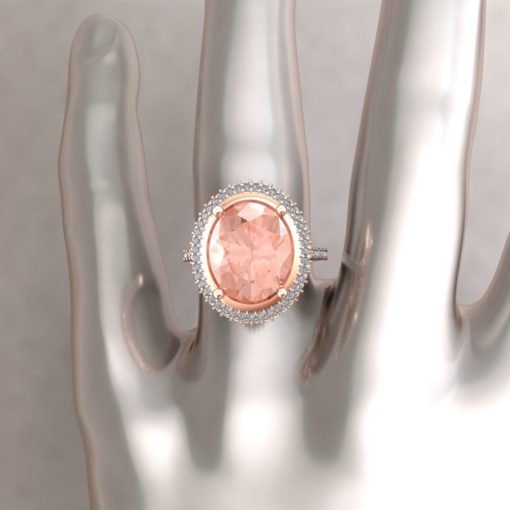 Double Halo Morganite Ring Oval Cut Hand Shot 18k Rose Gold LS6342
