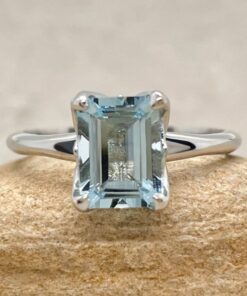 Emerald Cut Blue Aquamarine Engagement Ring White Gold Platinum LS6691