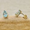 Genuine AAA Pear Aquamarine Push Back Post Earrings Yellow Gold LS6687