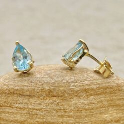 Genuine AAA Pear Aquamarine Push Back Post Earrings Yellow Gold LS6687