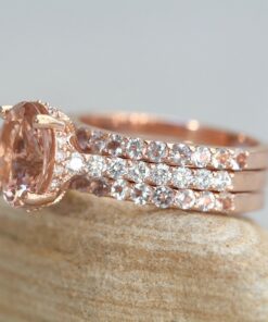 Matching Morganite Round Diamond Halo Bridal Ring Set Rose Gold LS6412