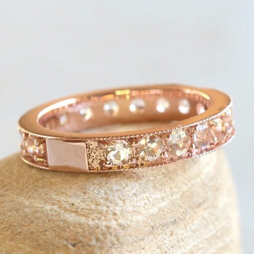 Milgrain Round Cut Peachy Pink Morganite Wedding Band Rose Gold LS6044