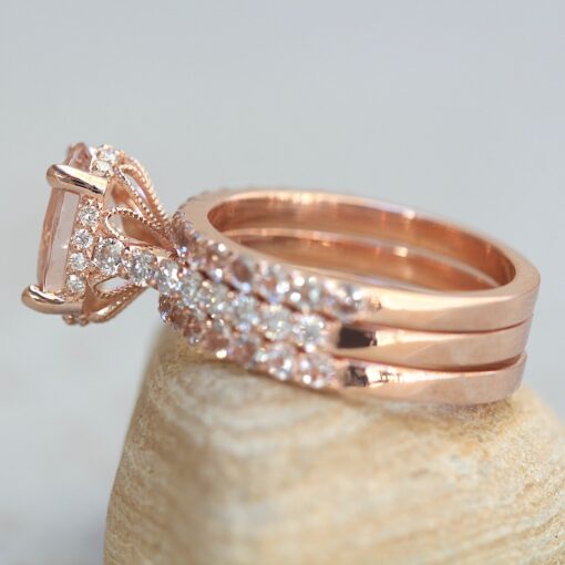 Morganite Diamond Bridal Rings Flower Filigree Basket Rose Gold LS6412