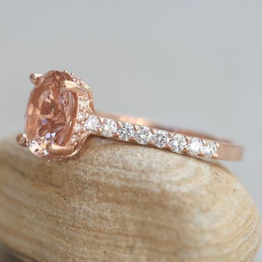 Morganite Ring Half Eternity with Side Halo in 14k Rose Gold LS6388