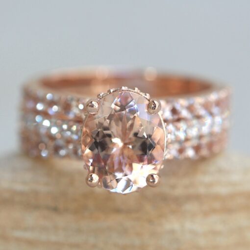 Oval Engagement Ring Matching Morganite Wedding Bands Rose Gold LS6412