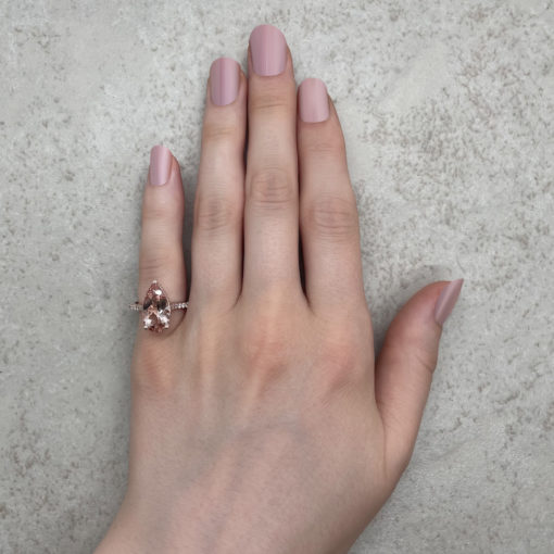 Pear Cut Morganite Engagement Ring Hand Shot in 18k Rose Gold LS6739