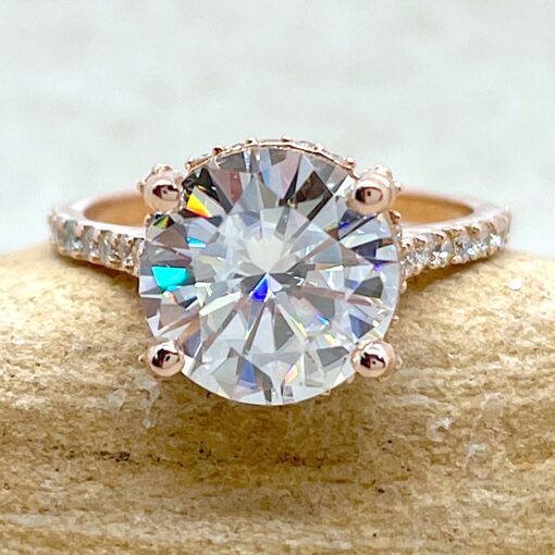 Round Moissanite Engagement Ring Diamond Hidden Halo Rose Gold LS6789