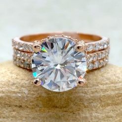Round Moissanite Filigree Ring with Two Bands 14k Rose Gold