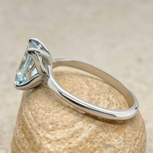 Solitaire Emerald Cut Blue Aquamarine Ring White Gold Platinum LS6691