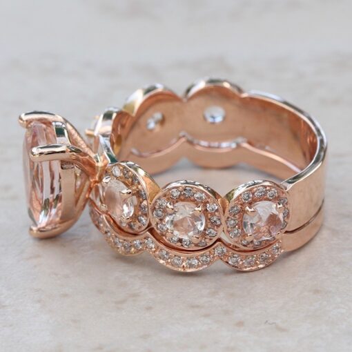 AAA Solitaire Morganite Gem Diamond Halo Bridal Set Rose Gold LS6746